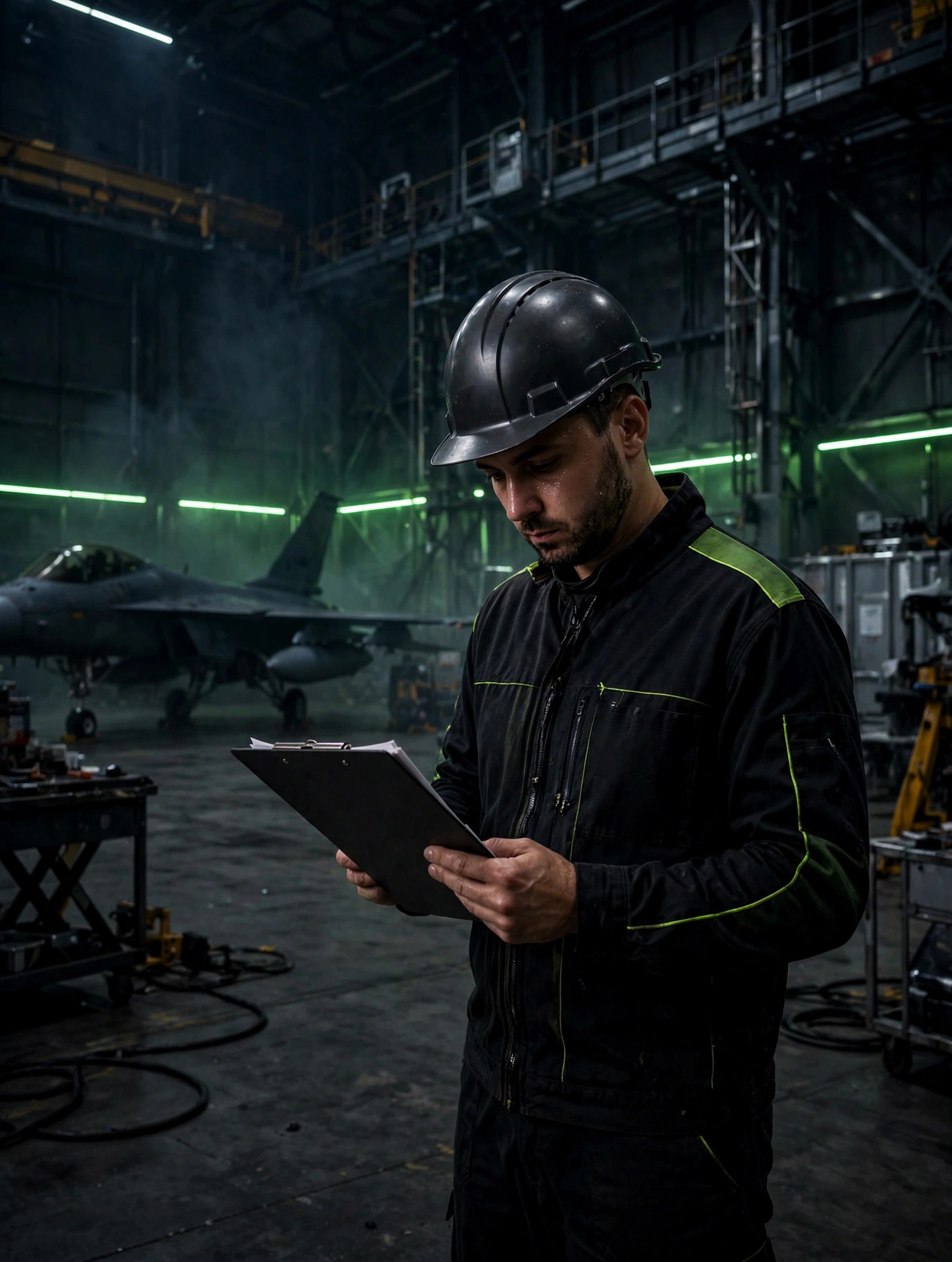 Velocity SXD engineer reviewing mission documents in the hangar