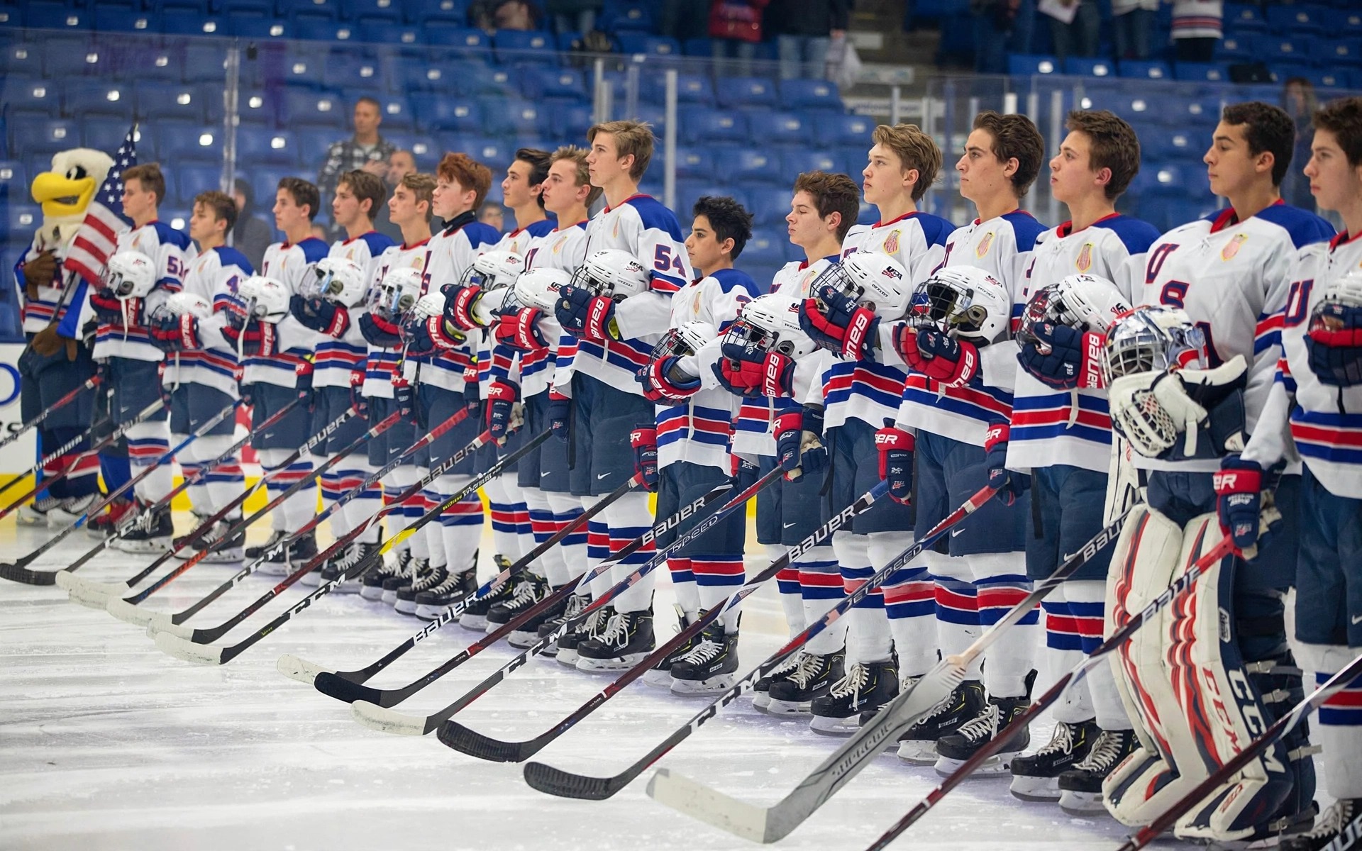Youth hockey team lined up for the national anthem