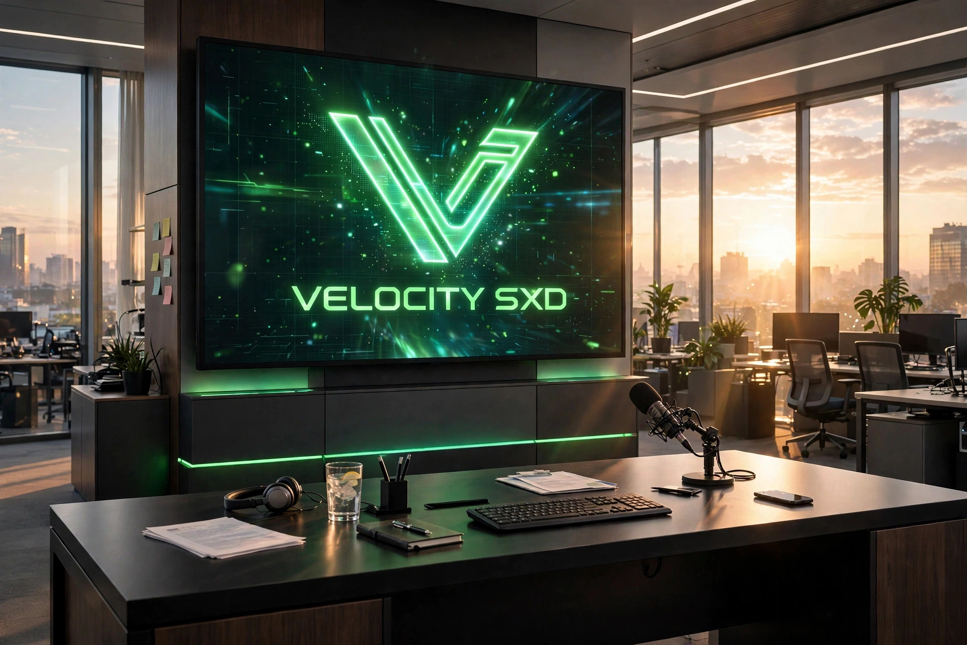 Velocity SXD newsroom at dawn with holographic V logo