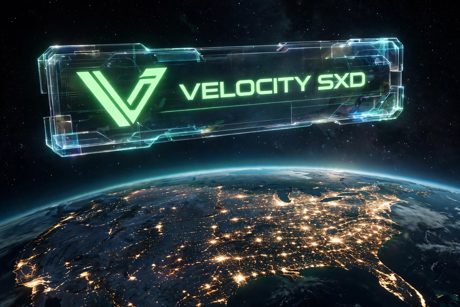 Velocity SXD holographic banner above Earth at night